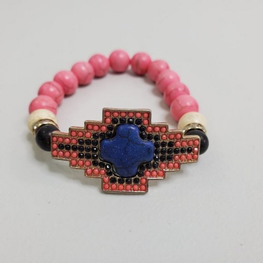 Tribal Bracelet Beaded Blue‎ Pink Boho Stretch Rhin